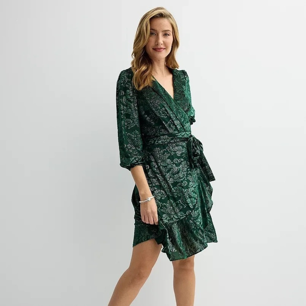 Nanette Lepore Faux Wrap Dress Women Size 14 Green Sparkle Brocade Spring